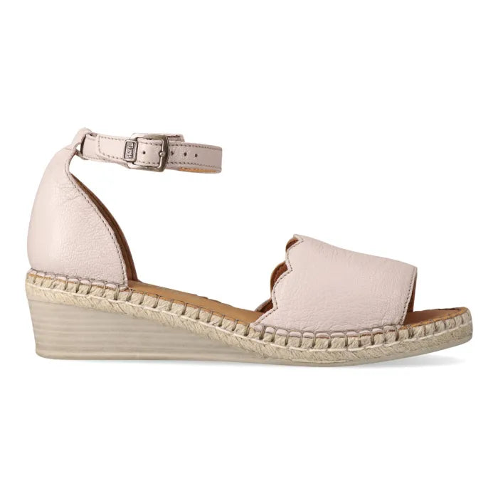 Cream wedge sandal with espadrille sole on a white background