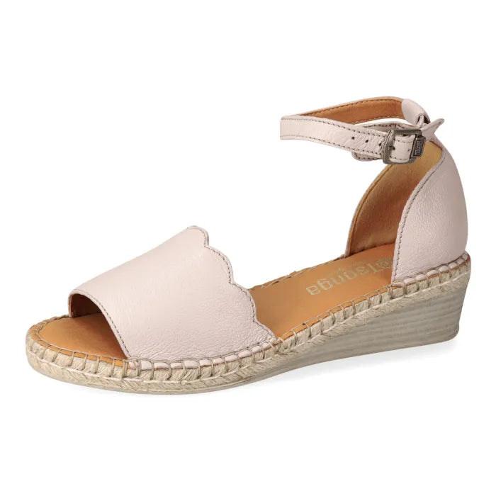 Beige wedge sandal with espadrille sole on a white background