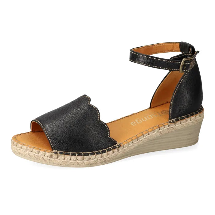 Black espadrille wedge sandal with ankle strap.