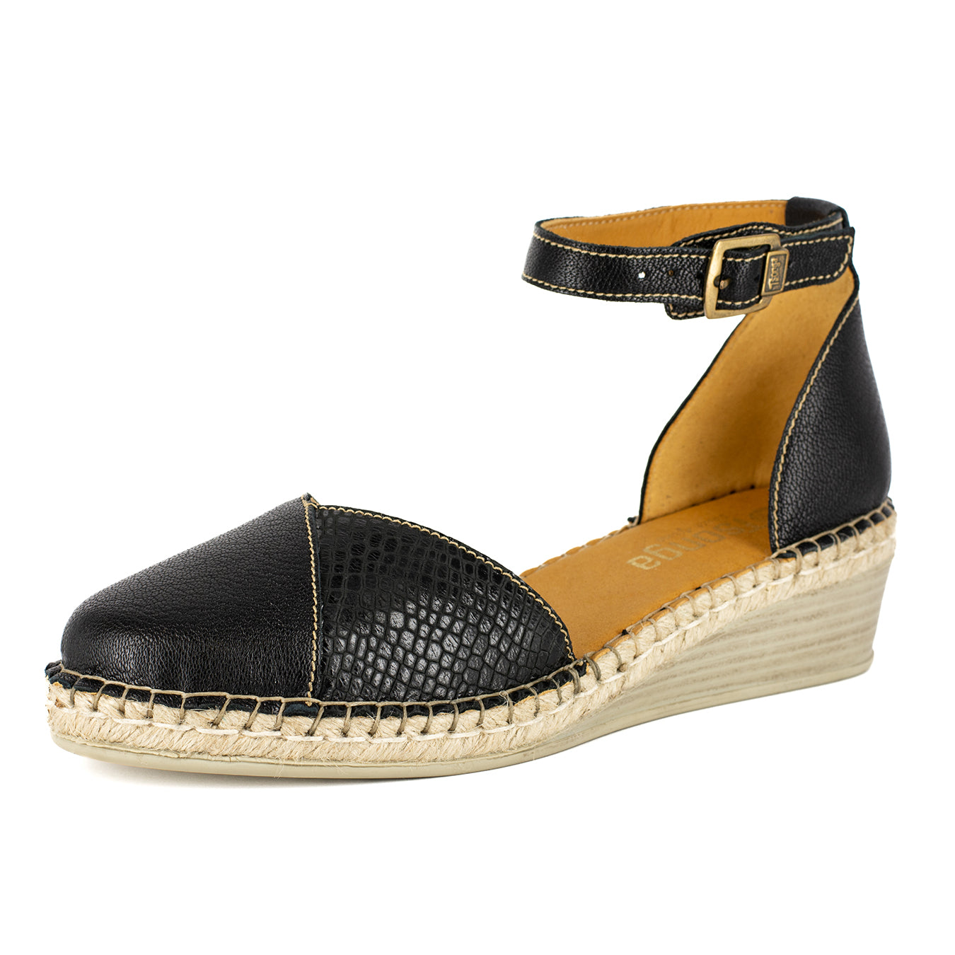 Mirembe : Ladies Leather Wedge Espadrille in Black Cayak & Coco