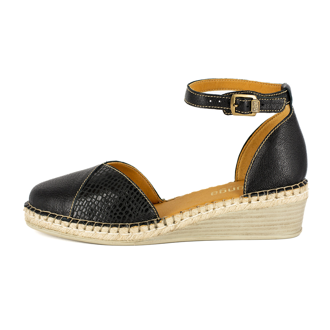 Mirembe : Ladies Leather Wedge Espadrille in Black Cayak & Coco