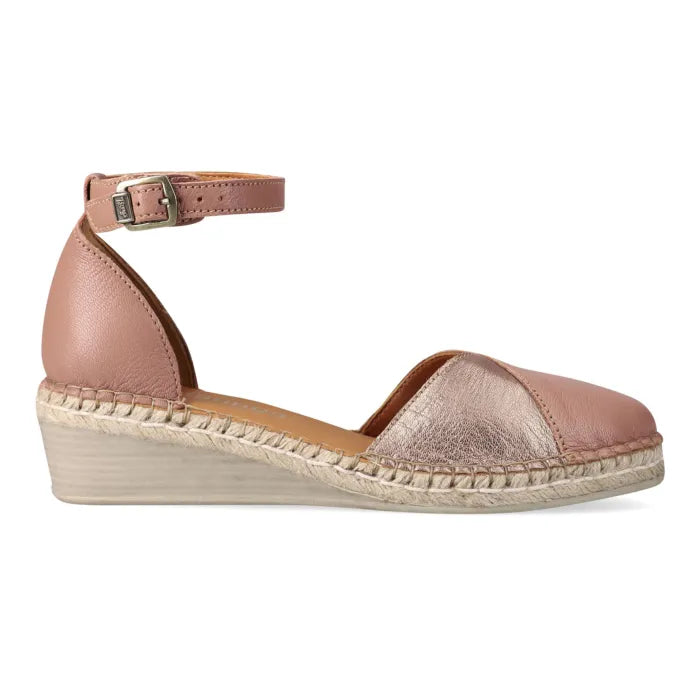 Beige wedge sandal with espadrille sole on a white background