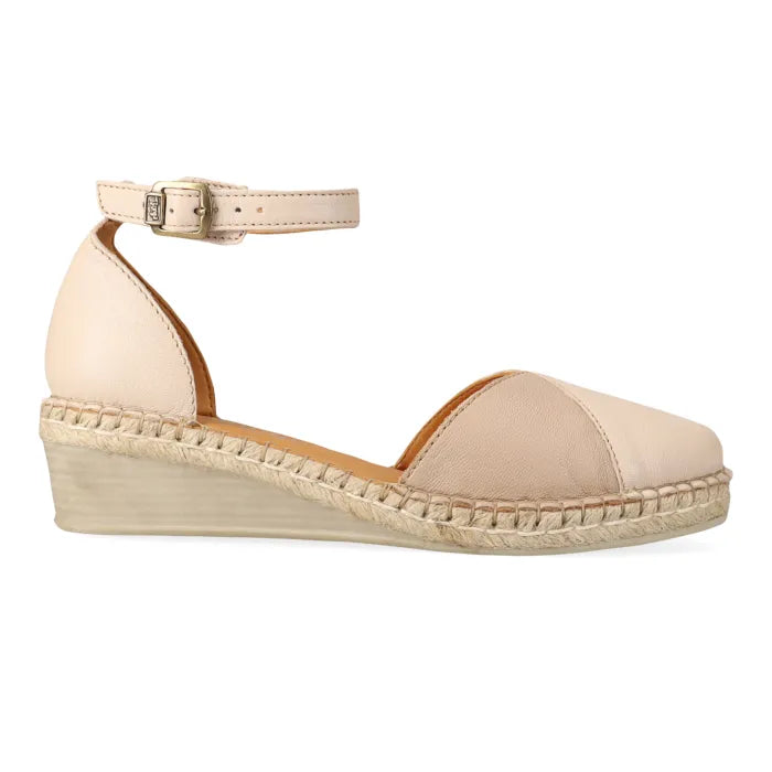 Beige wedge sandal with espadrille sole on a white background