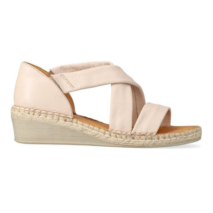 Beige wedge sandals with espadrille sole on a white background
