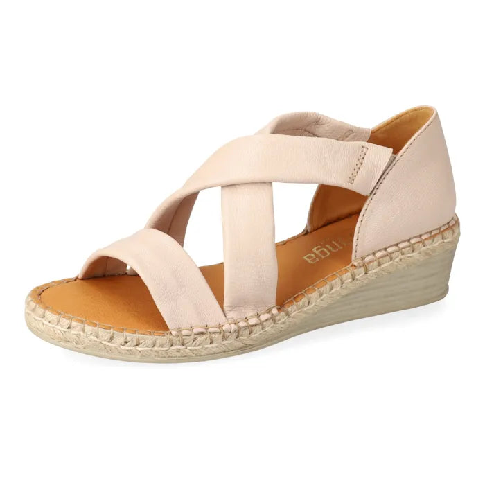 Beige wedge sandals with espadrille sole on a white background