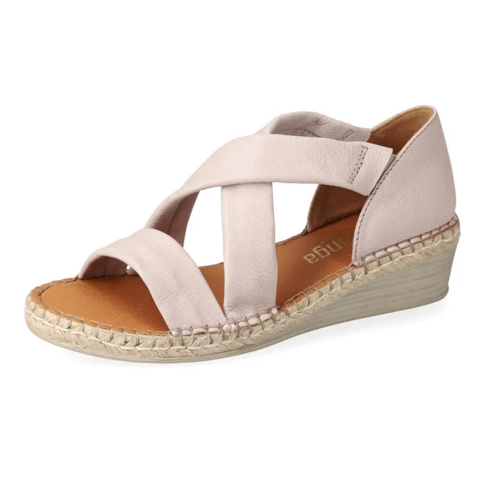 Beige wedge sandal with espadrille sole on a white background