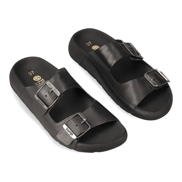 Black sandal with two buckles on a white background
