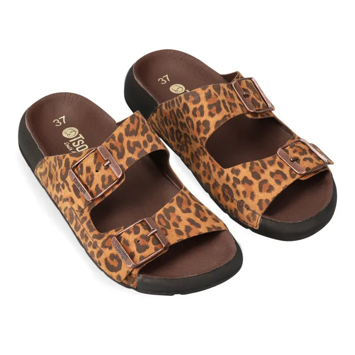Spotted print sandal with two buckles on a white background