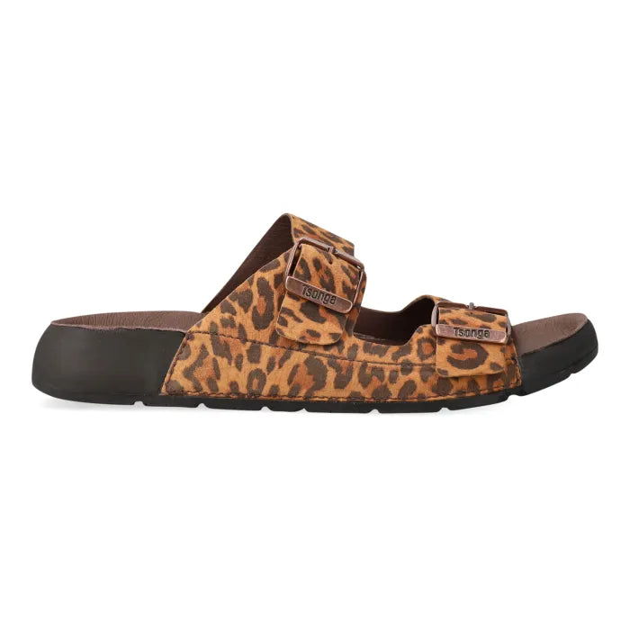 Spotted print sandal with two buckles on a white background