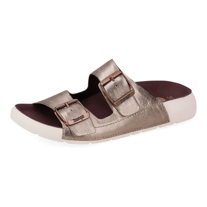 Metallic sandal with bronze buckles on a white background