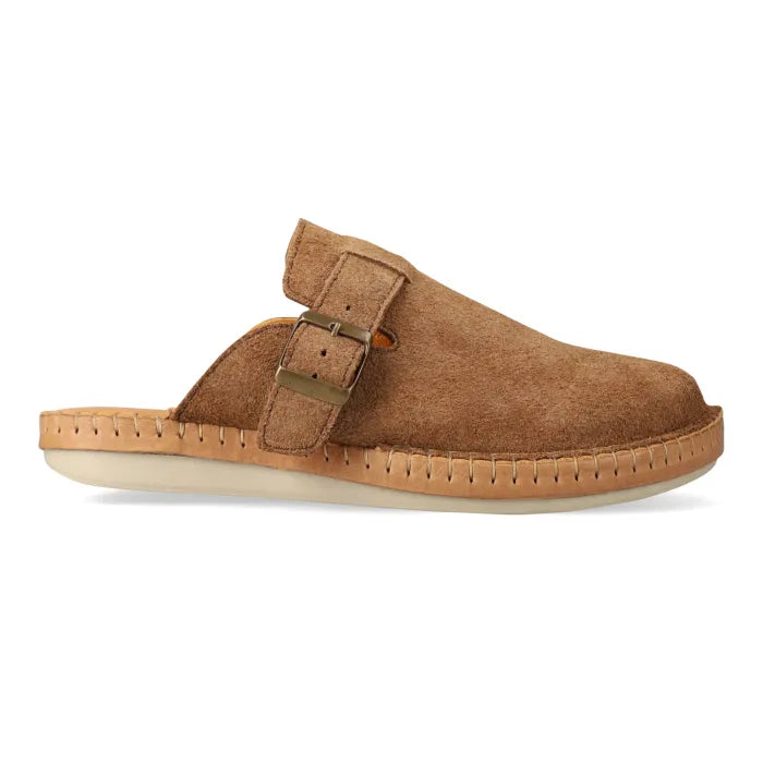 Brown suede mule with a buckle on a white background