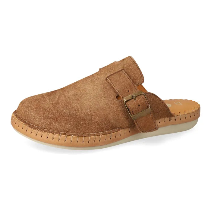 Brown suede mule with a buckle on a white background