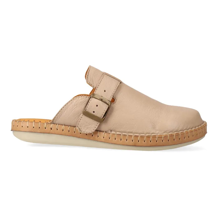 Beige mule with a strap on a white background