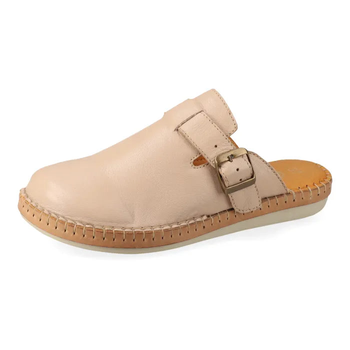 Beige mule with a buckle on a white background