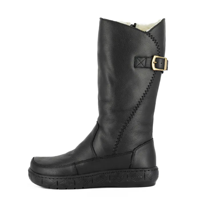 Black leather boot with a gold buckle on a white background