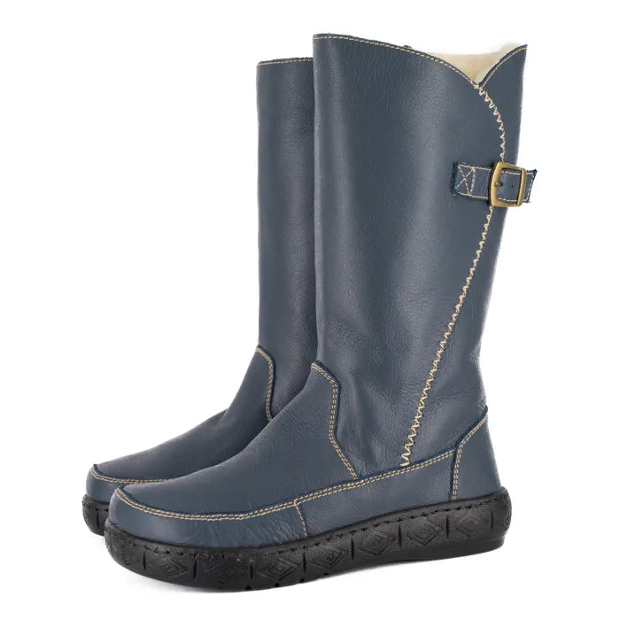 Maluju : Ladies 100% Wool-Lined Leather Mid-Calf Boot in Denim