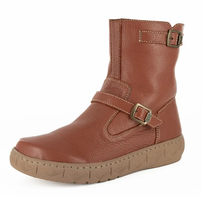 Brown leather boot with a buckle on a white background