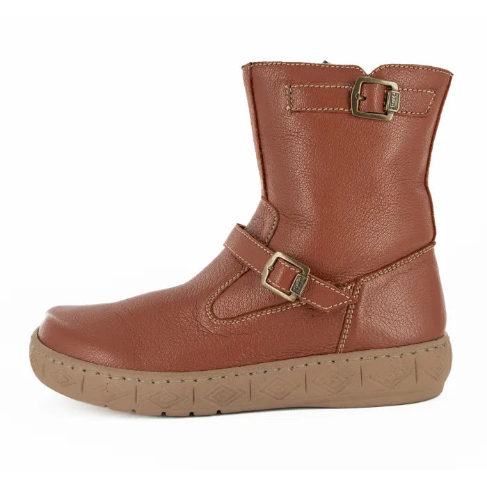 Brown leather boot with buckle on a white background