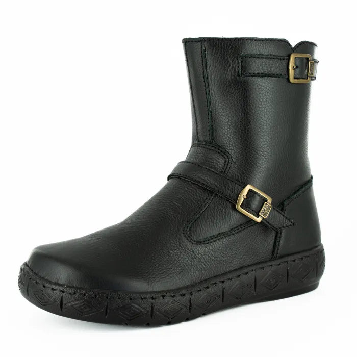 Black leather boot with gold buckles on a white background