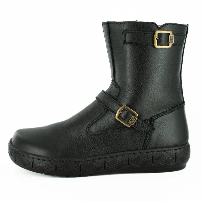 Black leather boot with gold buckles on a white background