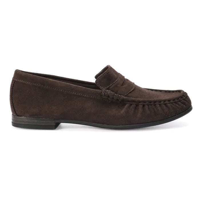 Brown suede loafer shoe on a white background