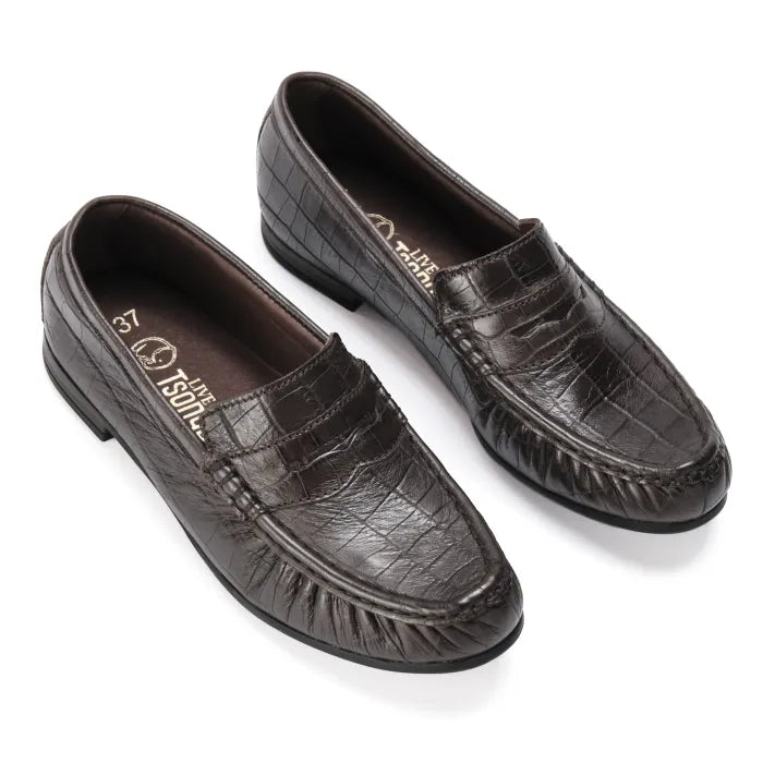 Pair of brown patterned loafers on a white background