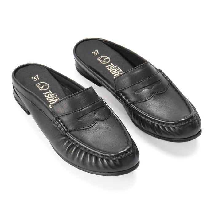 Pair of black loafers with a visible brand logo on a white background