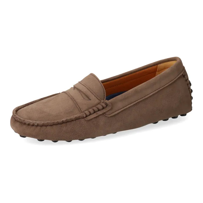 Brown suede loafer on a white background