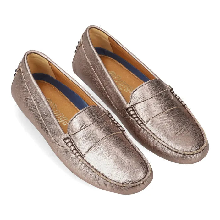 Pair of metallic loafers on a white background