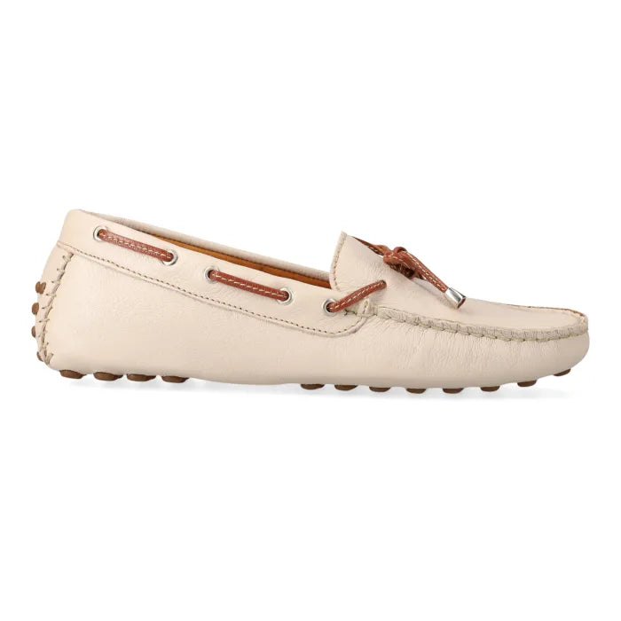 Cream loafer shoe with brown accents on a white background
