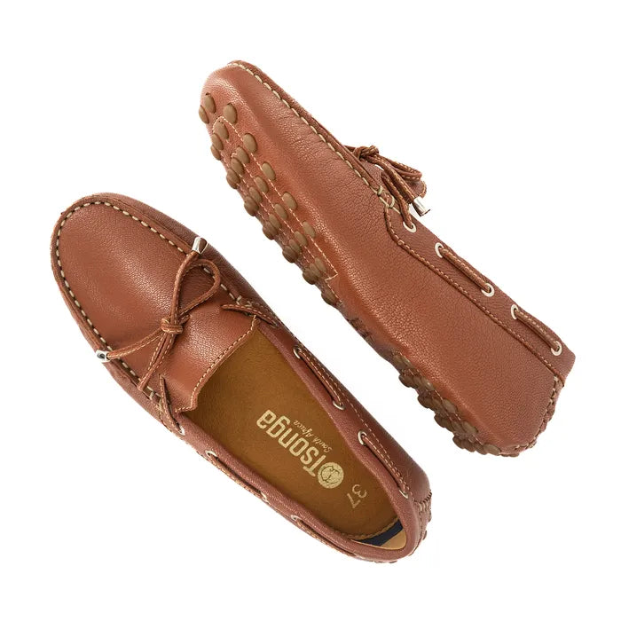 Pair of brown leather moccasins with tassels on a white background