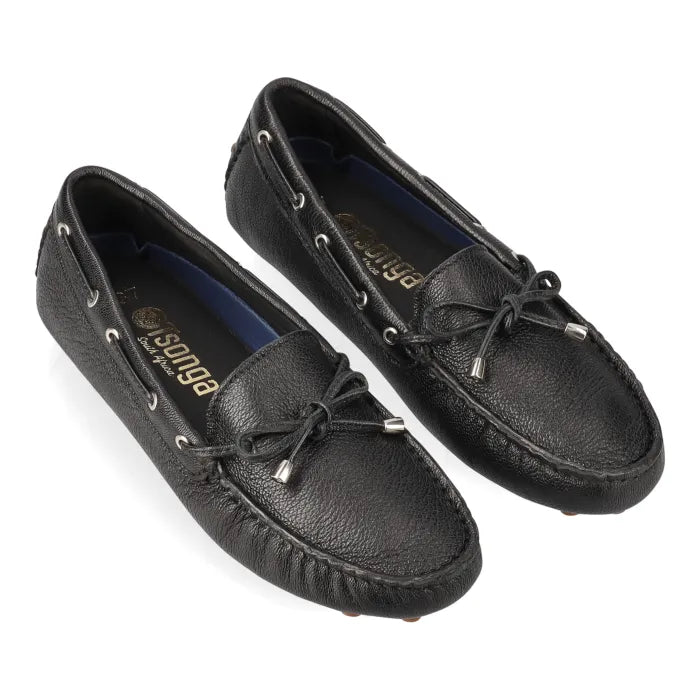 Pair of black moccasin shoes on a white background