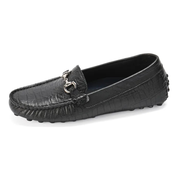 Black leather loafer with decorative buckle on a white background