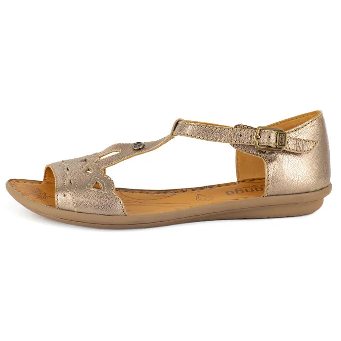 Gold sandal with a strap on a white background