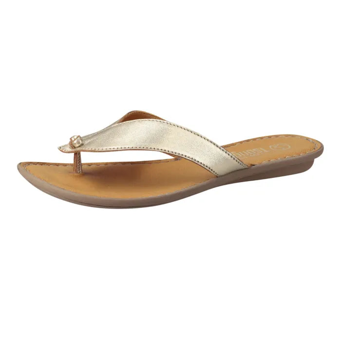 A single women's thong sandal shown in side profile on a plain white background. The upper strap is metallic champagne gold with a small decorative jewel detail at the thong post, while the footbed is tan and the outsole is brown.