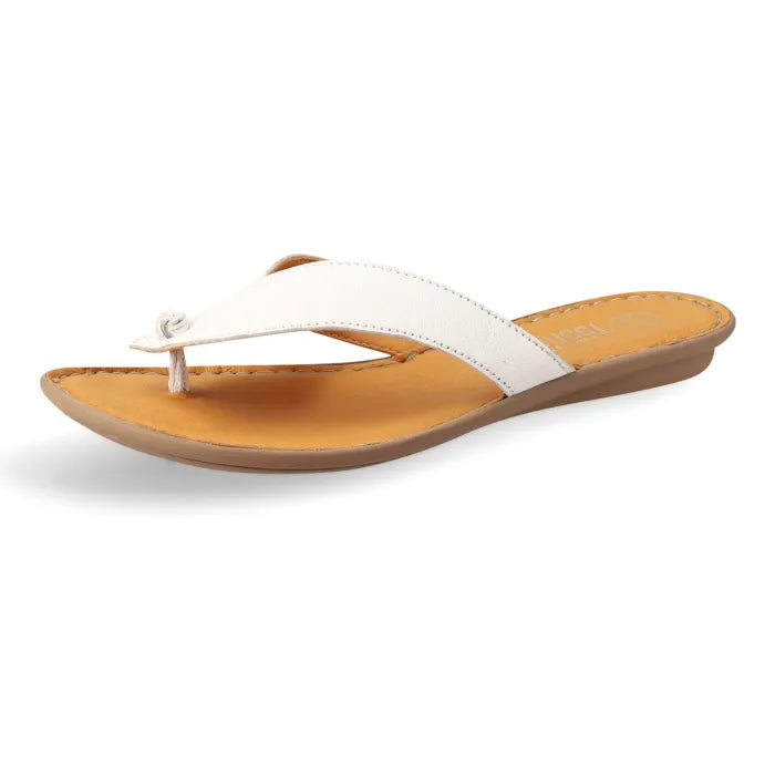 A single women's thong sandal shown from a side profile view on a white background. The sandal features a white leather strap with a tan insole, and a beige outsole.