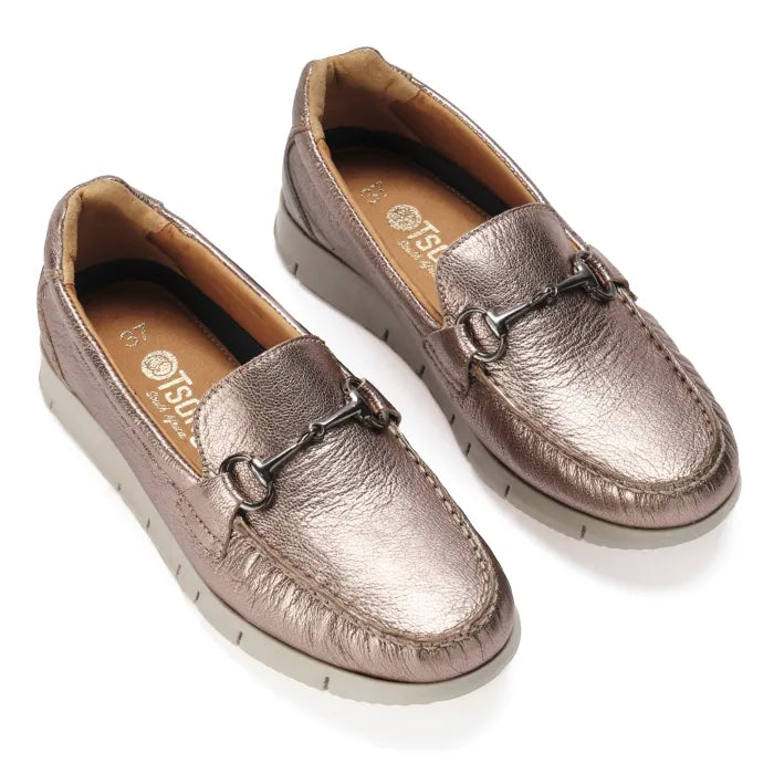 Pair of metallic loafers on a white background