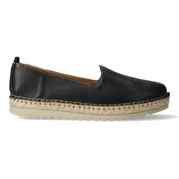 Single black espadrilles with jute sole on a white background