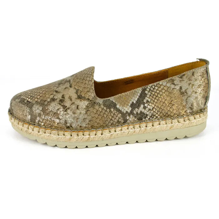 Snake print espadrille shoe on a white background