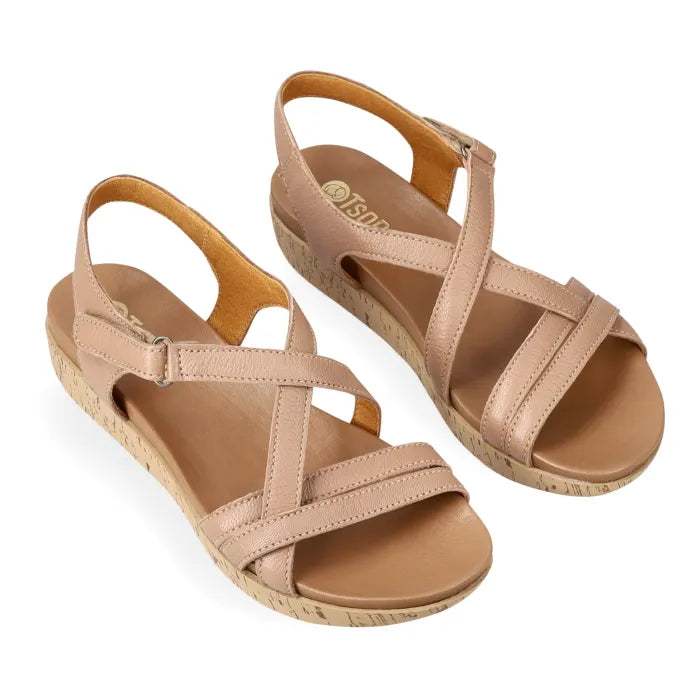 Timber sandal with cork print platform sole on a white background