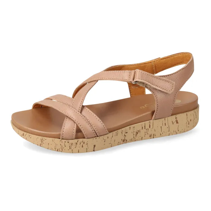 Timber sandal with cork print platform sole on a white background