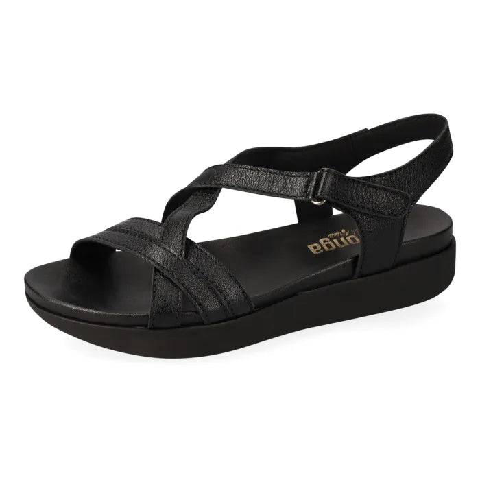 Black sandal with platform sole on a white background