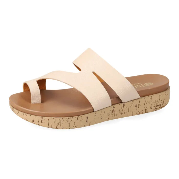 Cream strappy sandal with toe-post on a platform