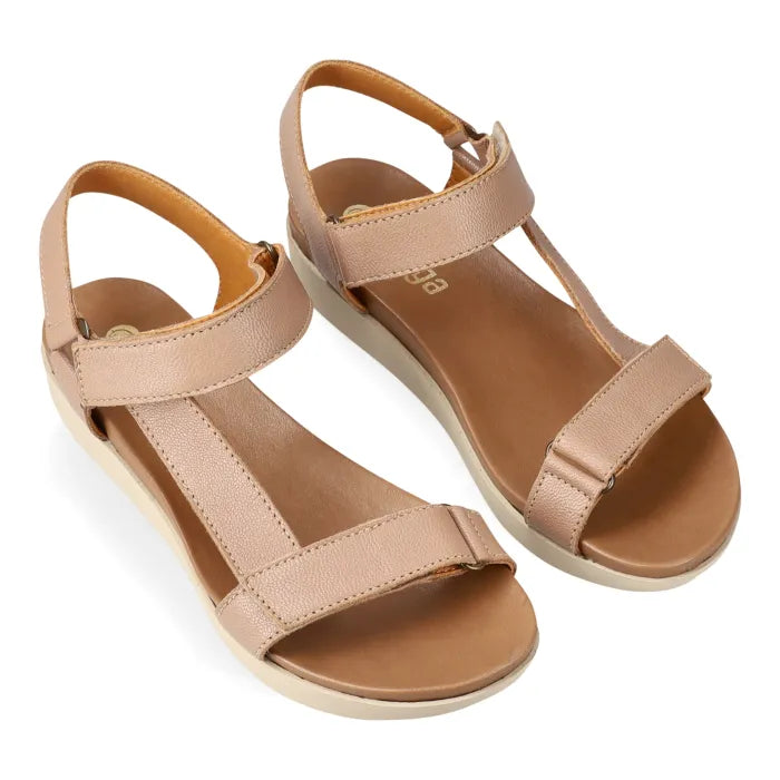 Timber sandals with multiple straps on a white background
