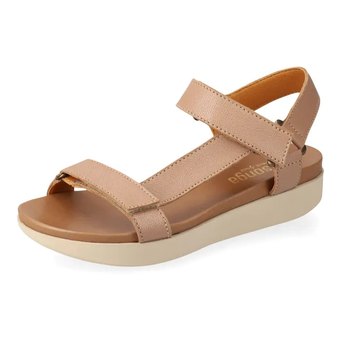 Timber sandals with multiple straps on a white background
