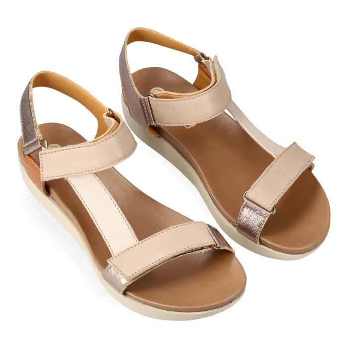 Cream/metallic sandals with multiple straps on a white background