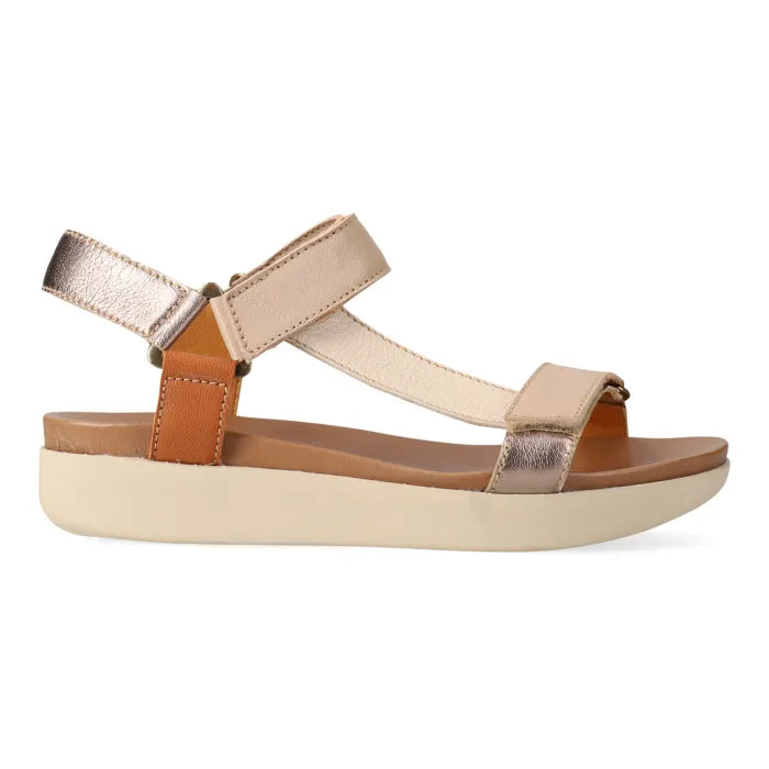 Cream/metallic sandals with multiple straps on a white background