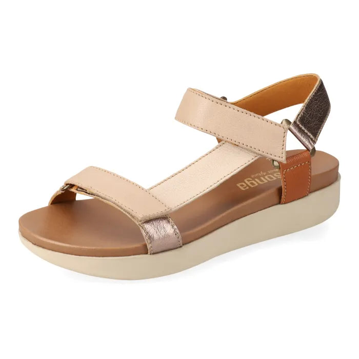 Cream/metallic sandals with multiple straps on a white background