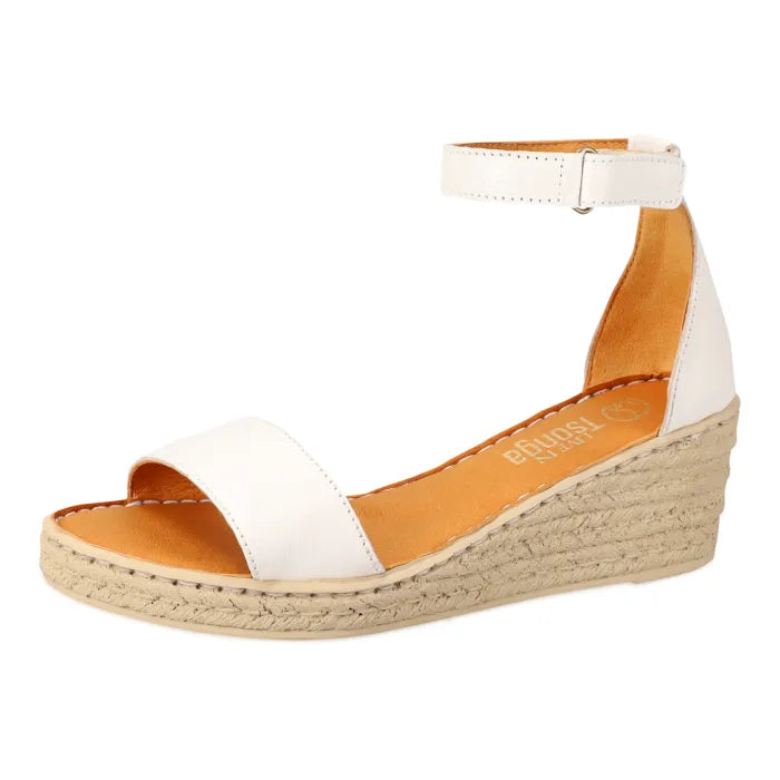 A white leather wedge espadrille-look sandal with an ankle strap, shown from a side profile on a white background.