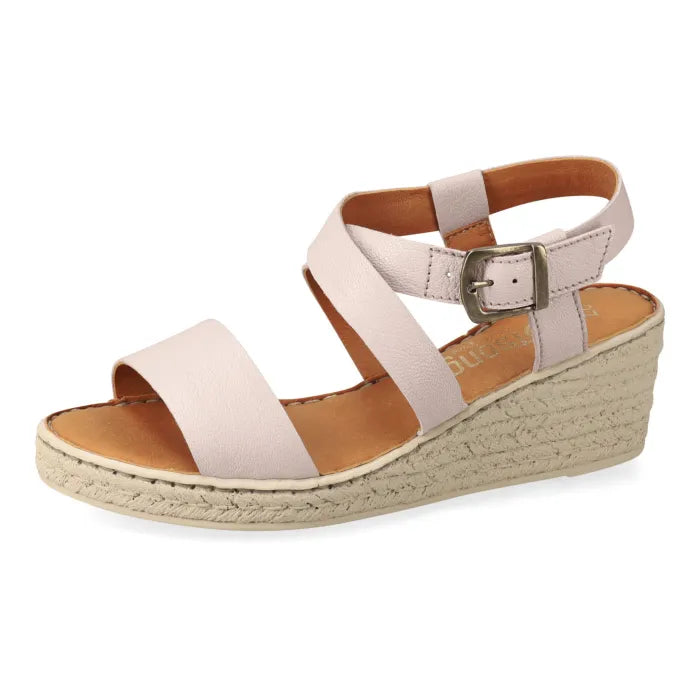 Beige wedge sandal with espadrille look sole on a white background